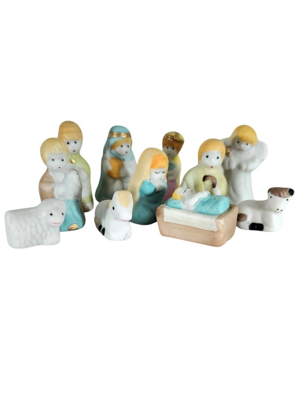 Miniature Bisque Nativity Set 11pc boxed complete tiny 2" Holy Family animals